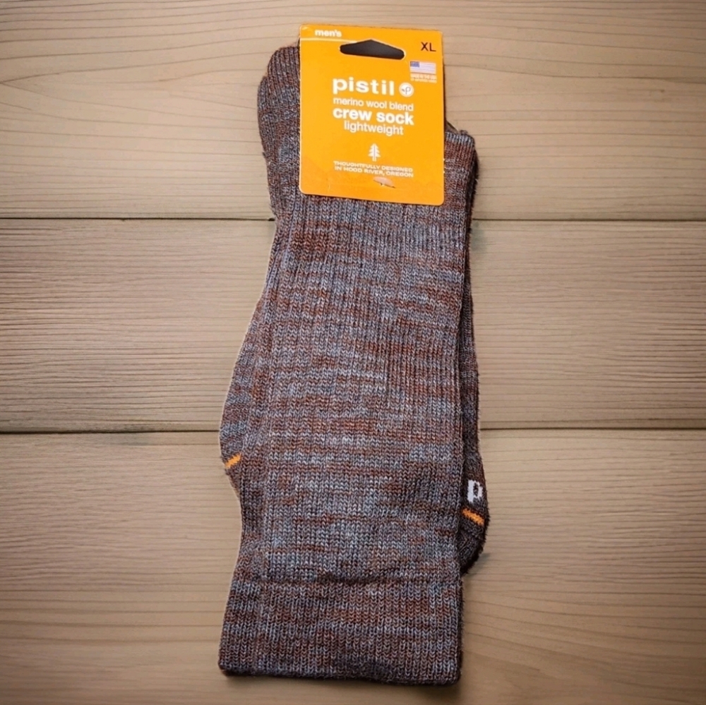NWT Pistil Merino Wool Blend Crew Socks — XL — Rocco Crew  Maroon/Heather Brown